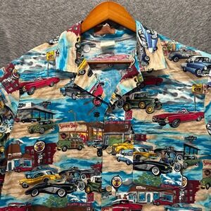 Fashion Seal Mens Large Classic Car Diner Novelty Print Shirt Cotton USA Made